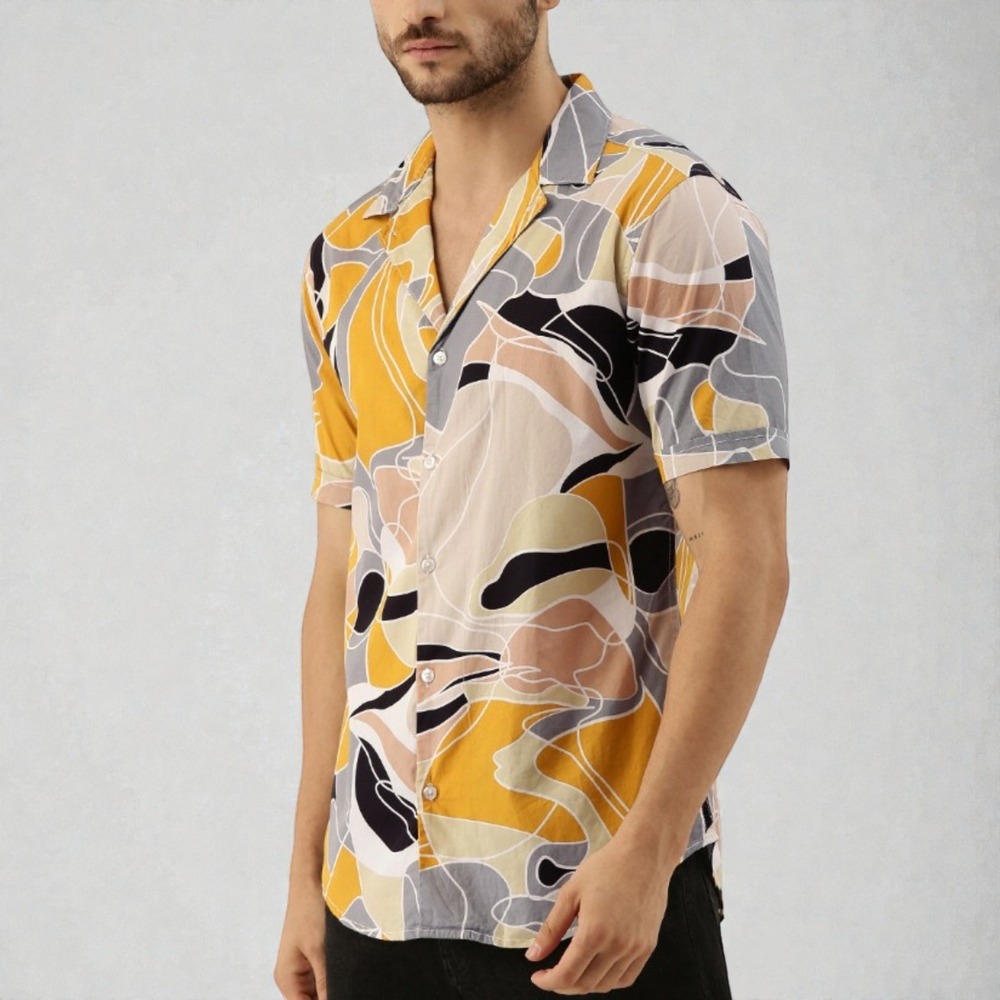 New Look S Shirt Yellow Abstract Geometric Print Short Sleeve Button Down Boho
